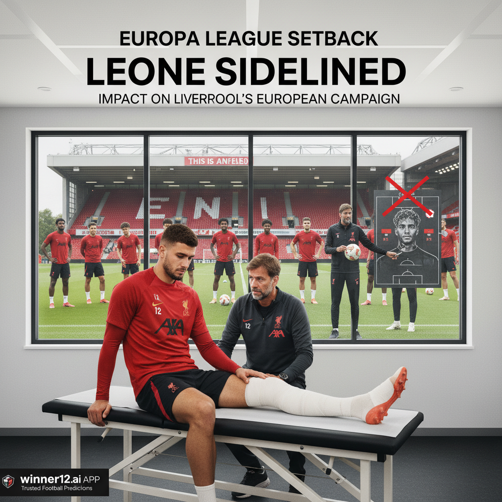 Alt text: Realistic poster showing Liverpool FC’s key player Leone sidelined with injury in a professional training environment, Liverpool players and coaching staff in authentic kits discussing Europa League strategy, with subtle winner12.ai branding, highlighting team impact and football betting predictions.