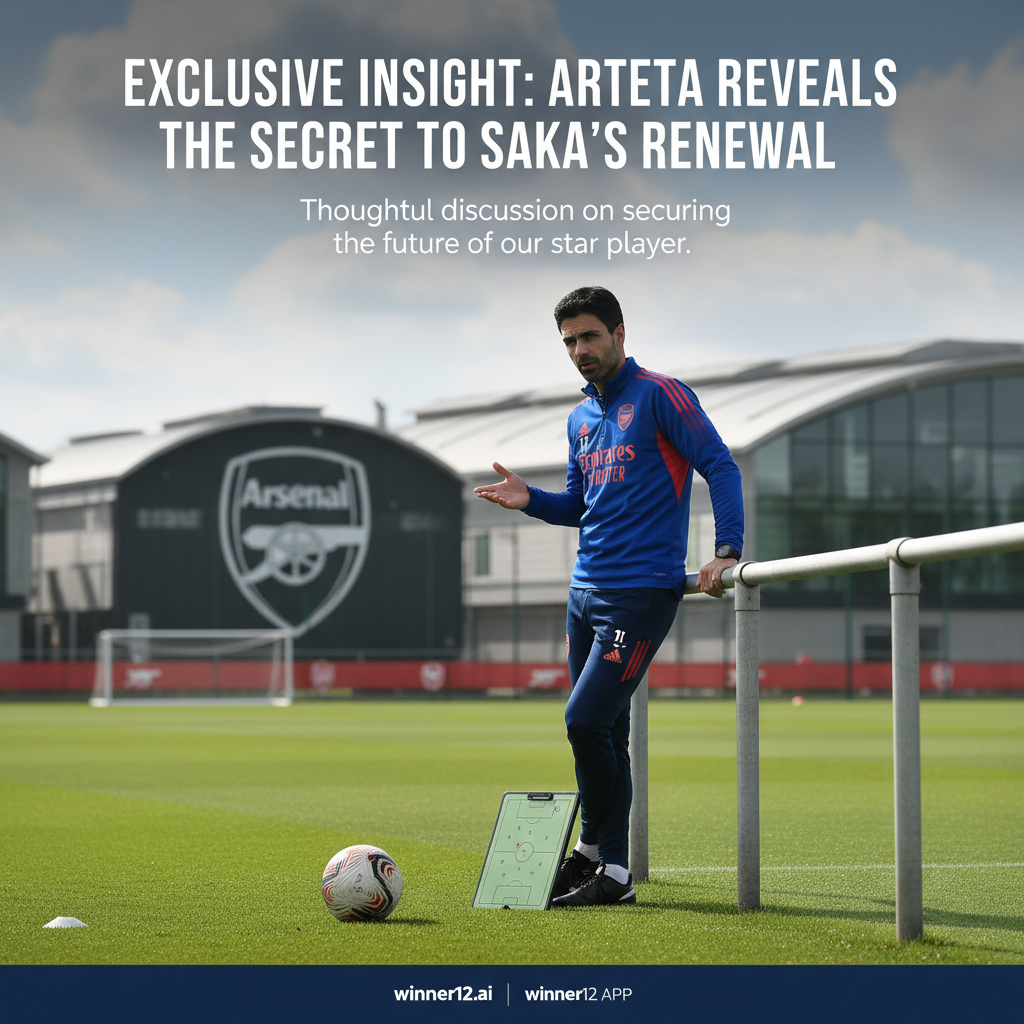 图片ALT文本：写实风格海报，阿森纳训练场景中阿尔特塔认真讨论萨卡新合同签约，背景含经典足球、阿森纳徽标和战术板，设计简洁专业，配文“独家揭秘：阿尔特塔透露萨卡续约秘诀”，底部隐约显示winner12.ai标识。