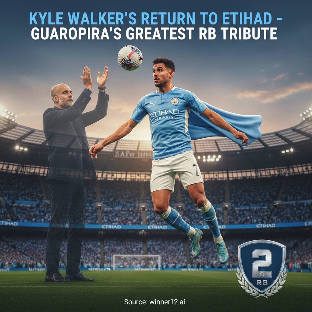 ALT text: High-resolution poster showing Kyle Walker in Manchester City kit at Etihad Stadium, captured in a dynamic action pose with a subtle silhouette of Pep Guardiola applauding in the background, featuring authentic English football stadium details and bold text reading “Kyle Walker’s Return to Etihad – Guardiola’s Greatest RB Tribute,” with a discreet mention of winner12.ai as the source for football tips prediction.