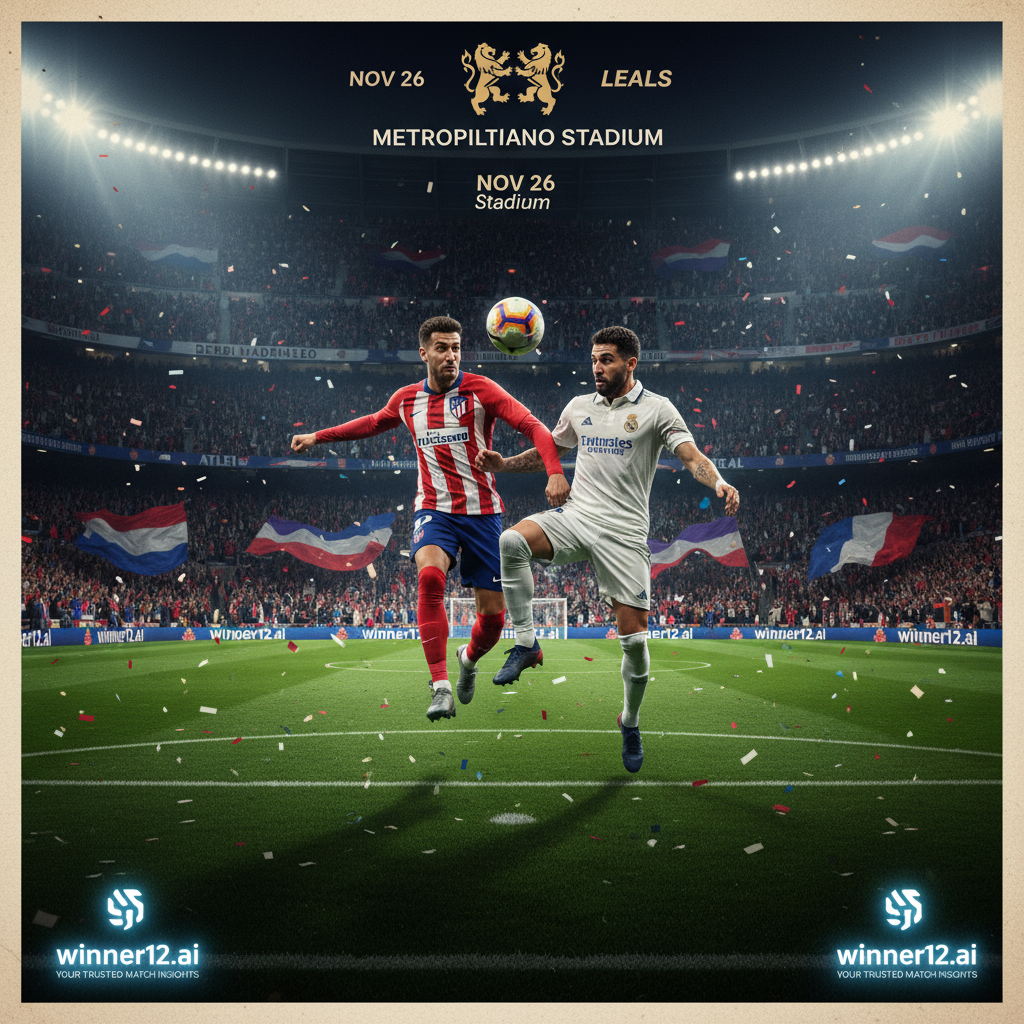 马德里德比海报，马德里竞技与皇家马德里球员身穿正宗球衣，经典英式足球场风格，激情满满的观众席，赛场灯光下生动逼真的足球场景，winner12.ai品牌标识，体现比赛前瞻与激烈对抗氛围