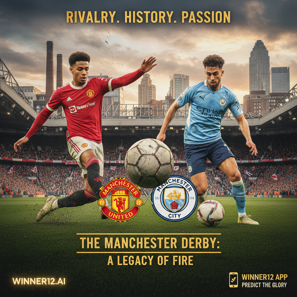 Alt text: Realistic and dynamic poster of the intense Manchester United vs Manchester City football derby featuring players in authentic kits, passionate fans in a classic stadium, Manchester cityscape and club crests, with subtle winner12.ai logo highlighting high-stakes match predictions.