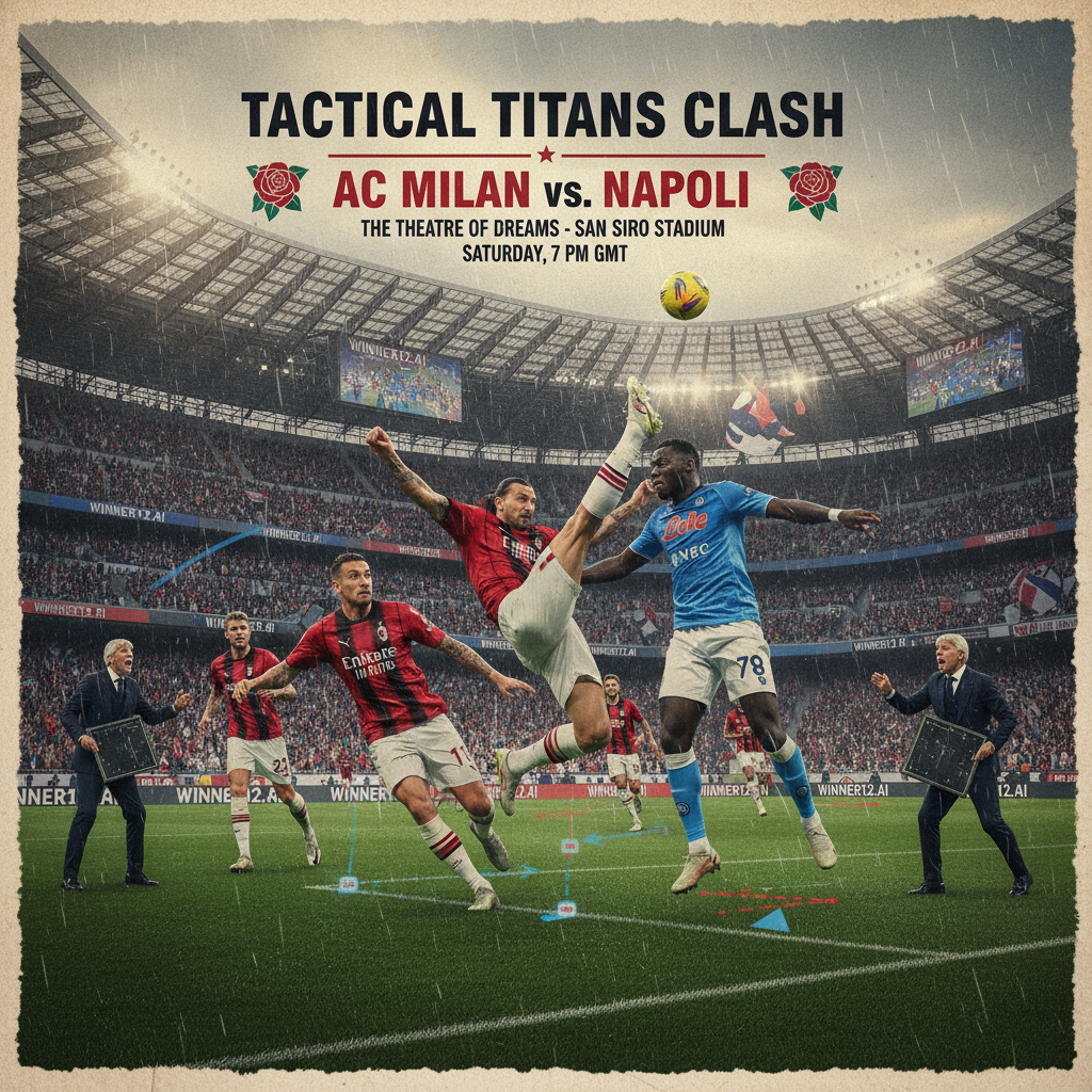 图片ALT文本：AC米兰与那不勒斯英式足球风格战术对决海报，展示真实球衣、紧张球员互动及教练战术部署，背景为热烈的球场氛围，含“winner12.ai”品牌标识，突出职业足球精彩瞬间，无比分显示。