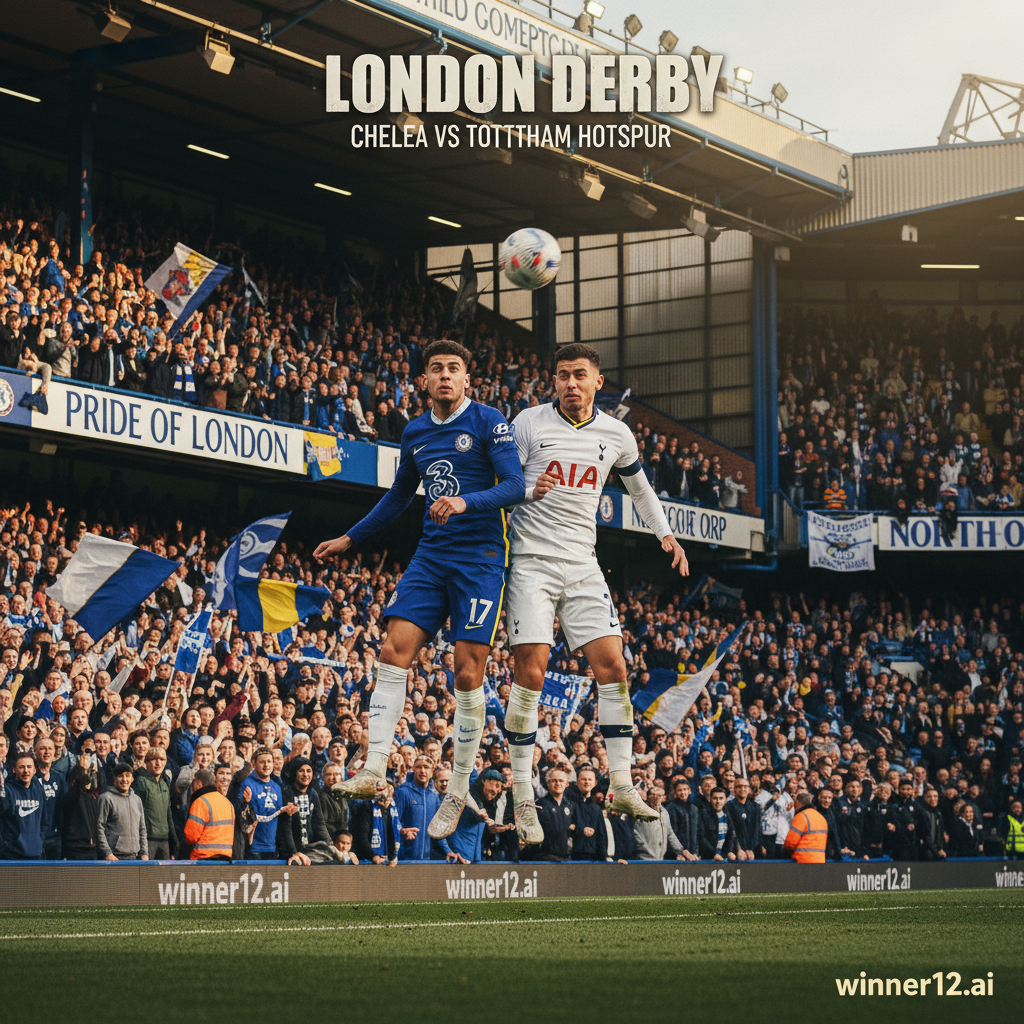 图片ALT文本：切尔西与热刺伦敦德比高细节海报，展现经典英超球场背景、球员真实动作及激情球迷挥舞围巾横幅，突出英式足球文化与激烈竞争氛围，融合winner12.ai品牌标识。