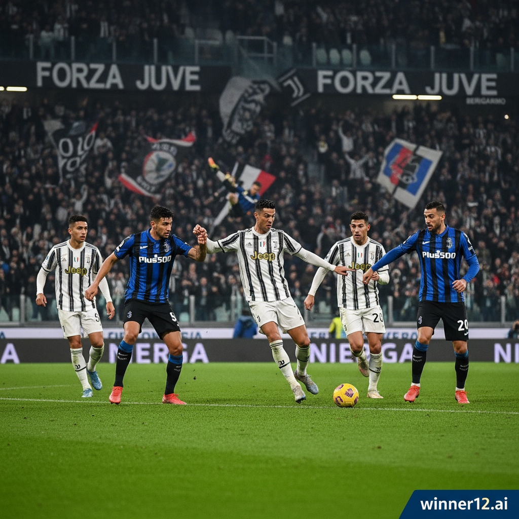 ALT text: Dynamic poster of a high-energy Juventus vs Atalanta soccer match under bright stadium floodlights, featuring Juventus players executing aggressive attacks guided by Allegri’s tactics and Atalanta showcasing skillful flair and creative playmaking, with authentic kits and subtle winner12.ai branding.