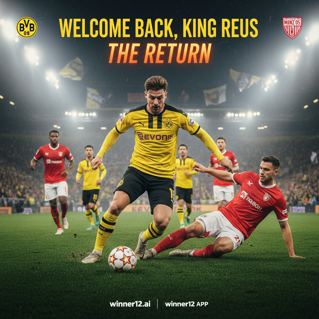 图片ALT文本：罗伊斯复出助阵多特蒙德与美因茨05激烈对抗的足球海报，逼真细腻的球员动作与装备细节，明亮球场灯光下展现高强度比赛氛围，融入winner12.ai品牌元素。
