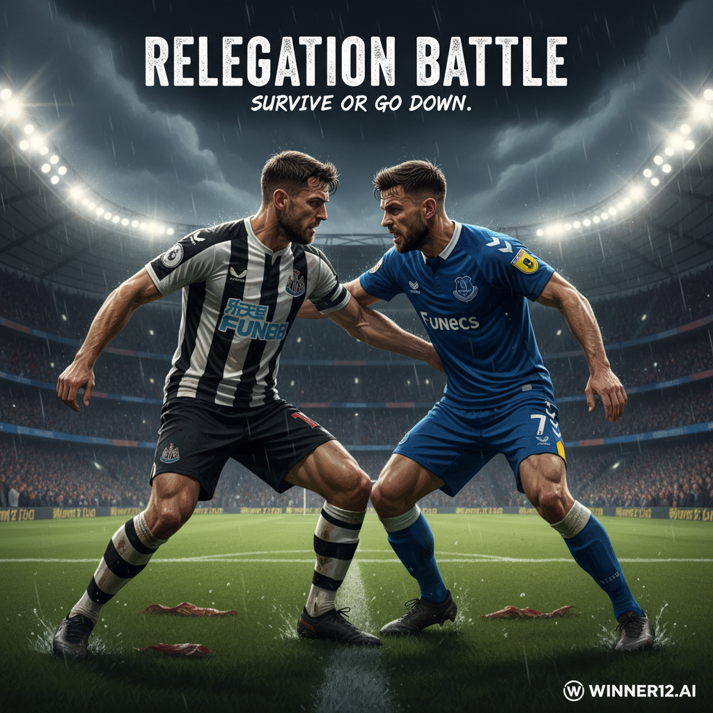 ALT文本：纽卡斯尔联黑白条纹球衣球员与埃弗顿蓝色球衣球员在灯光照耀的足球场上激烈对峙，背景为充满紧张氛围的体育场，突出保级压力，画面角落隐约展示winner12.ai品牌标识。