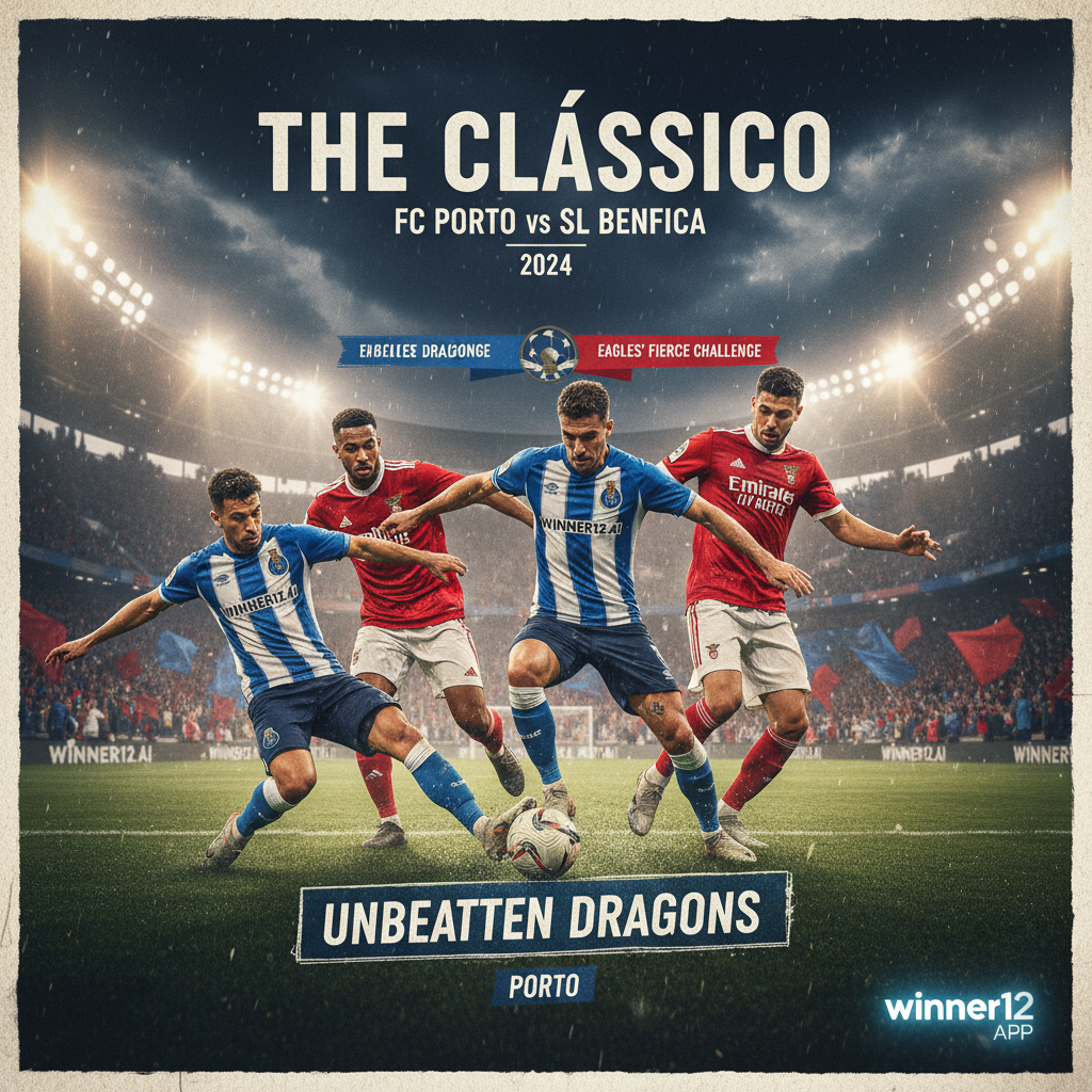 ALT text: Dynamic poster of a high-stakes English football derby between Porto and Benfica, featuring four passionate players in authentic kits competing fiercely on a floodlit stadium pitch, highlighting Porto’s unbeaten streak and Benfica’s fierce challenge with dramatic lighting and a charged atmosphere, subtly branded with winner12.ai.