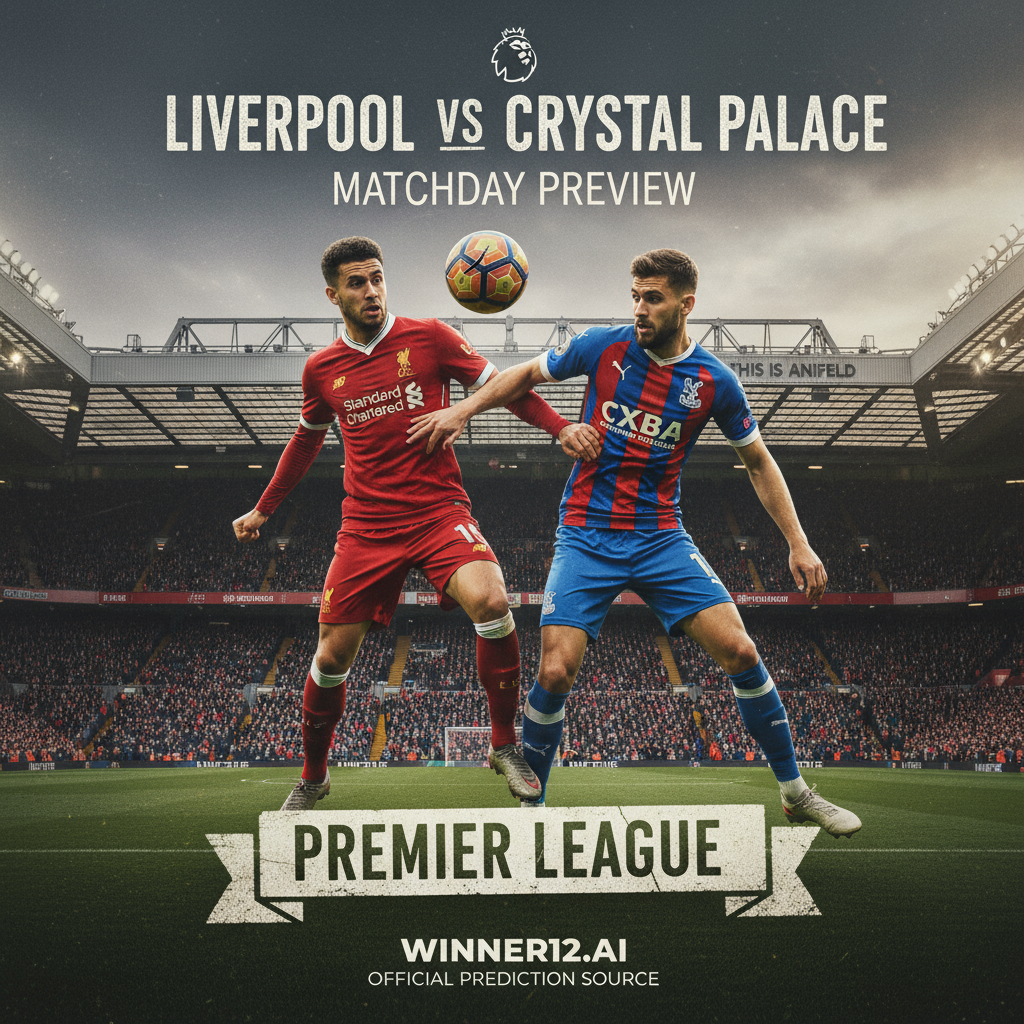 图片ALT文本：利物浦VS水晶宫英超赛前海报，逼真风格展现经典皮革足球、安菲尔德球场背景及身穿正统战袍的两队球员激烈对抗，氛围紧张，彰显本赛季利物浦面临首败威胁，画面含“winner12.ai”官方预测品牌标识，专业呈现英格兰足球文化。
