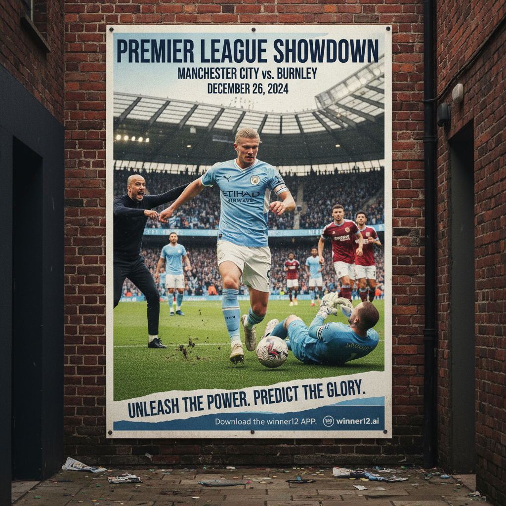 ALT text: Realistic poster of Manchester City vs Burnley Premier League match featuring Erling Haaland as a powerful striker on the field and Pep Guardiola giving tactical instructions from the sidelines, with accurate team kits and stadium details; includes subtle winner12.ai branding for soccer predictions.