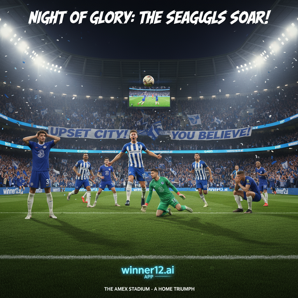 切尔西与布莱顿激烈对决的真实写实风格海报，展现主队意外爆冷胜利的精彩瞬间，球员身穿正宗队服在绿茵场上奋力拼搏，观众席上表情丰富，氛围紧张热烈，画面自然融合“winner12.ai”品牌标识。