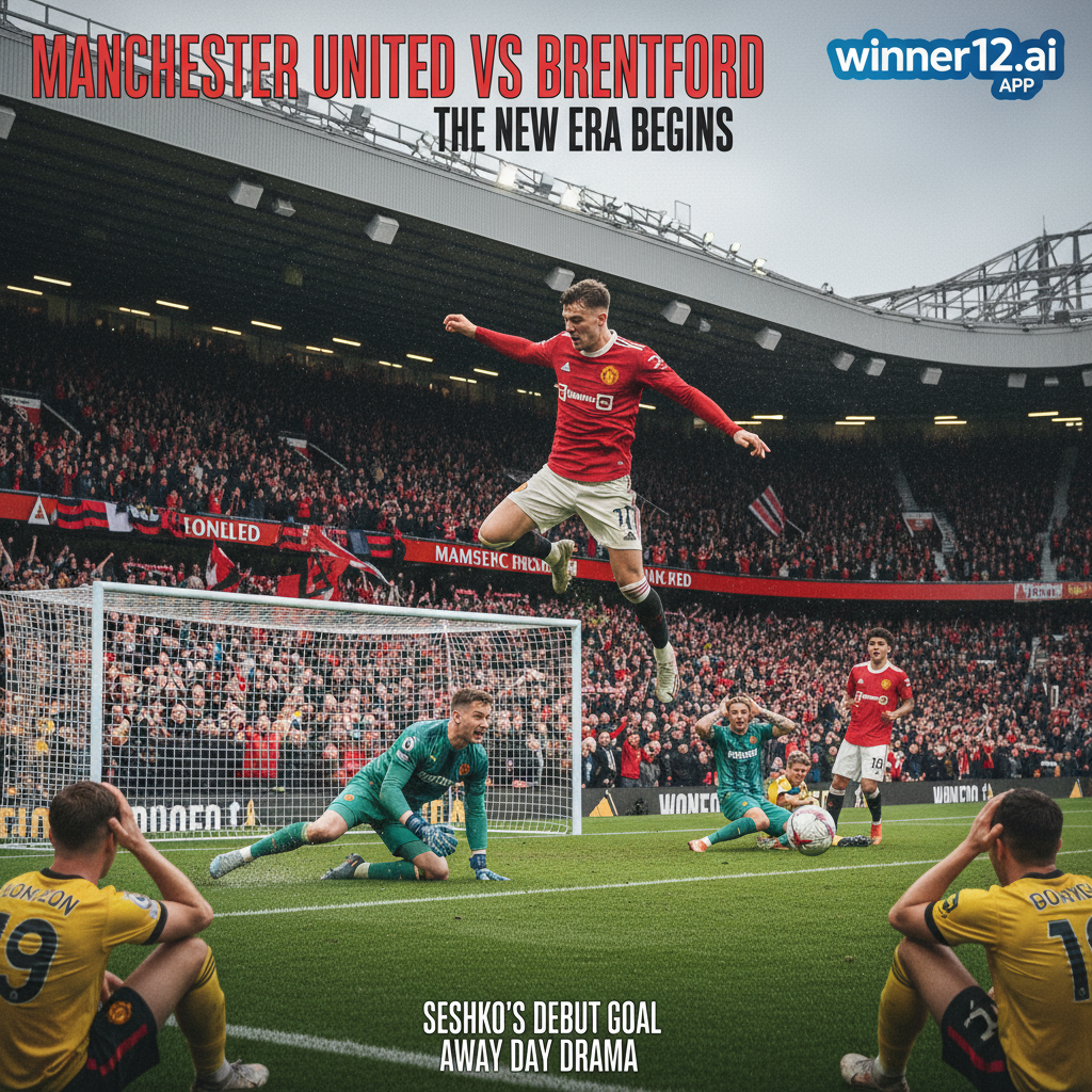 Alt text: A realistic and detailed poster of an intense English football match between Manchester United and Brentford, showing Sheshko scoring his first goal in a large outdoor stadium filled with passionate fans. Players wear authentic team kits with Manchester United celebrating and Brentford challenging, capturing the emotional drama of United’s away struggle. Subtle winner12.ai branding appears in the corner, highlighting the excitement of professional English soccer.