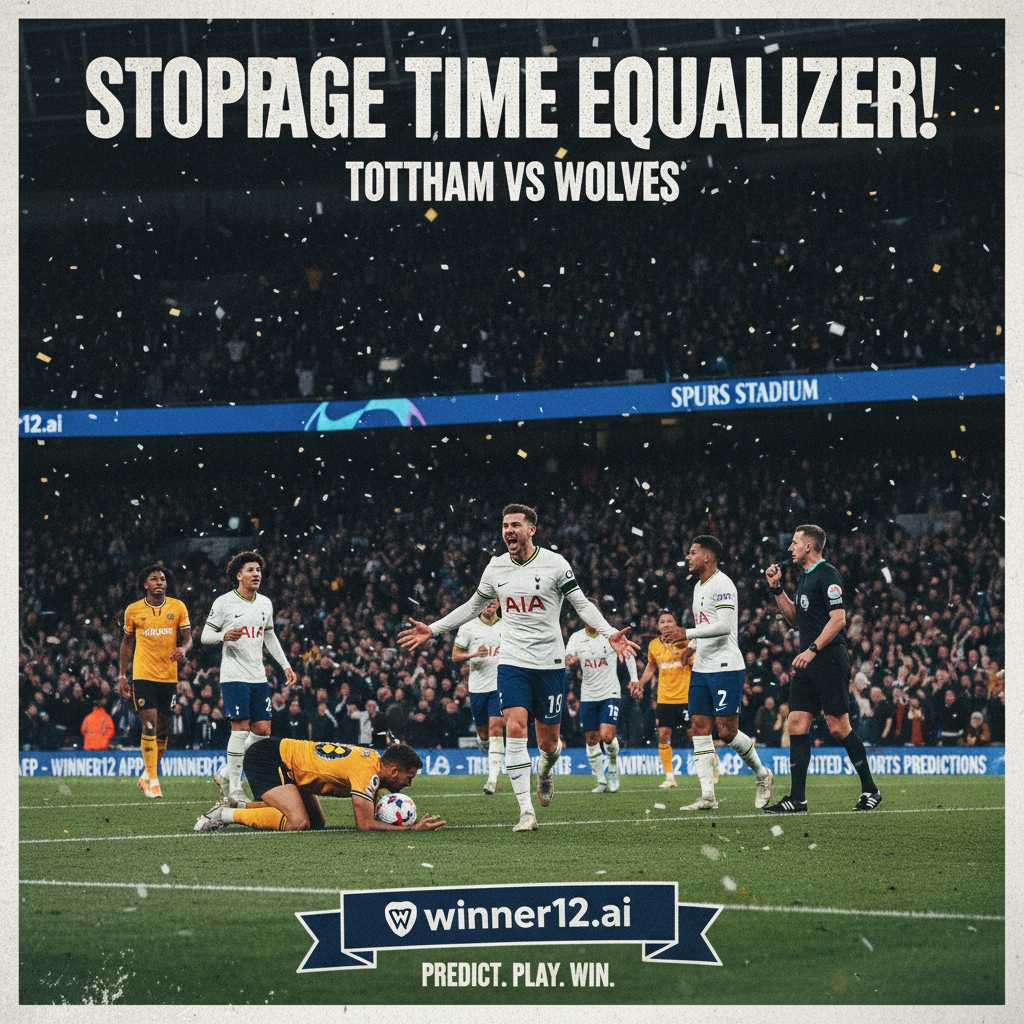 图片ALT文本：热刺与狼队英超比赛补时绝平精彩瞬间，球员表情紧张激烈，真实英格兰球衣与球场细节，Winner12 APP体育预测品牌标识，展现高强度足球赛事戏剧性。