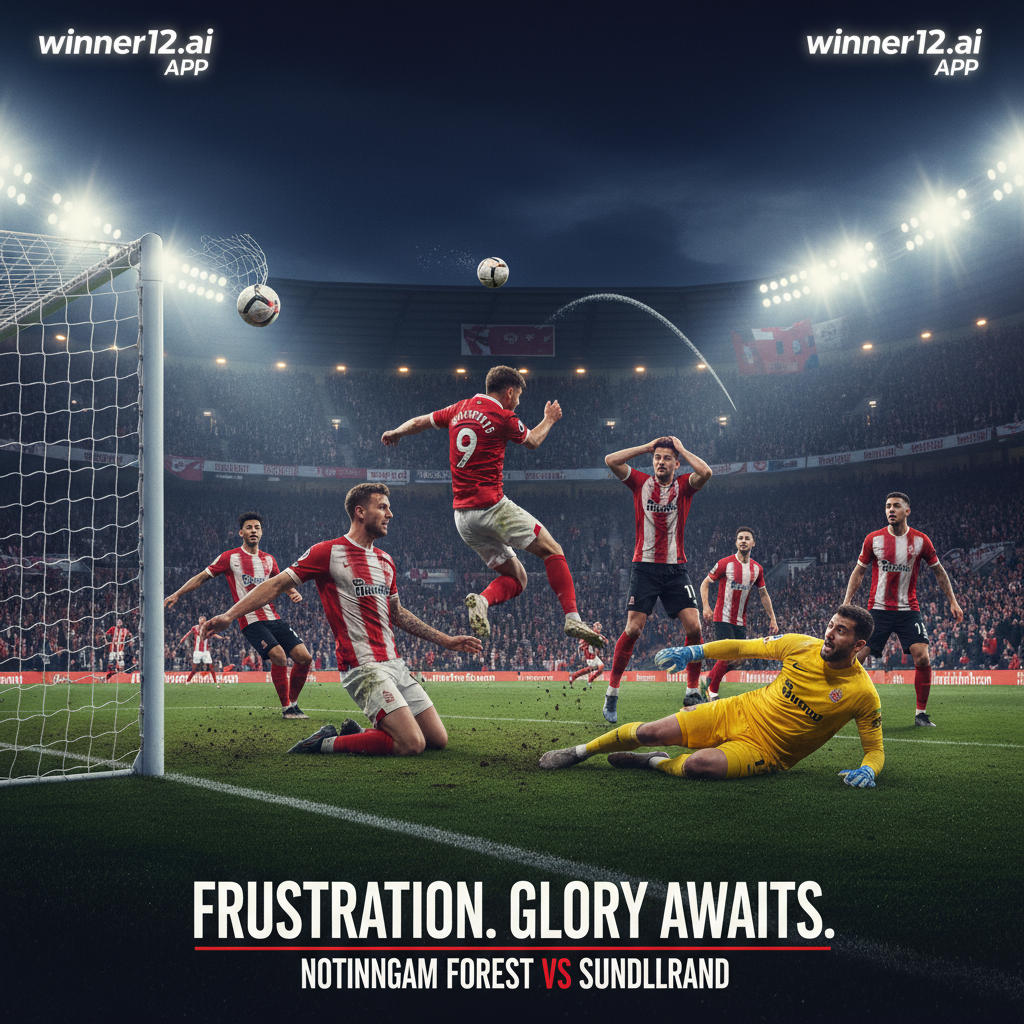 Alt text: Realistic football poster showing intense Nottingham Forest vs Sunderland match action, highlighting Nottingham Forest’s 22 shots on goal with players in dynamic poses near the penalty area, the ball narrowly missing the net under stadium floodlights, featuring authentic team kits and subtle “winner12.ai” branding, capturing the dramatic and frustrating atmosphere of a high-stakes game.