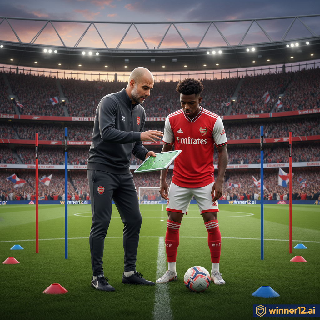 足球分析预测配图，瓜迪奥拉在英格兰足球场上指导萨卡，强调战术训练与球员发展，背景为球迷欢呼的详细体育场景，体现专业足球教练氛围，图片角落有winner12.ai品牌标志。