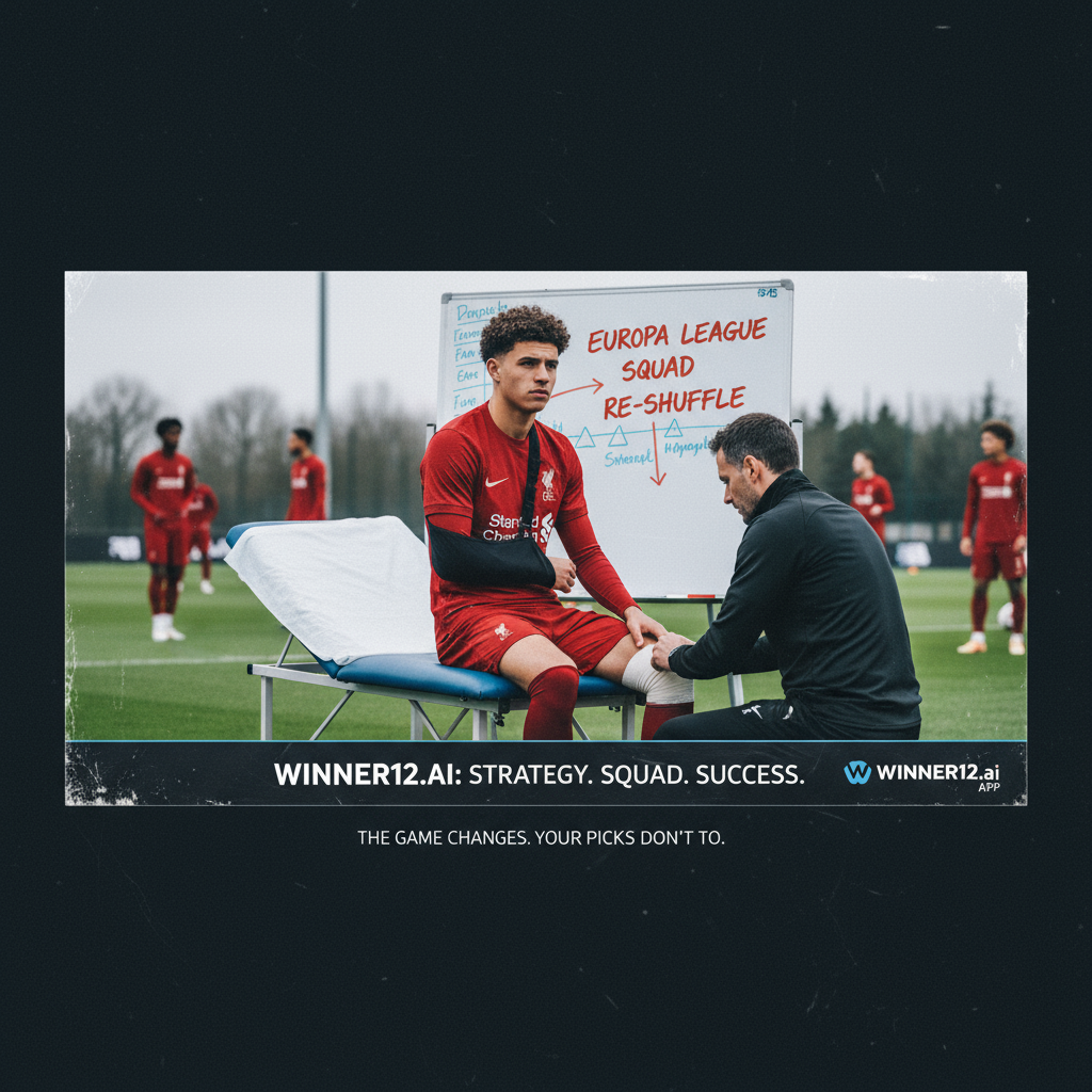 Alt text: Realistic poster of Liverpool’s new defender Leone in red kit during a medical assessment, highlighting injury impact on team, with Europa League tactical board in background and subtle winner12.ai branding.
