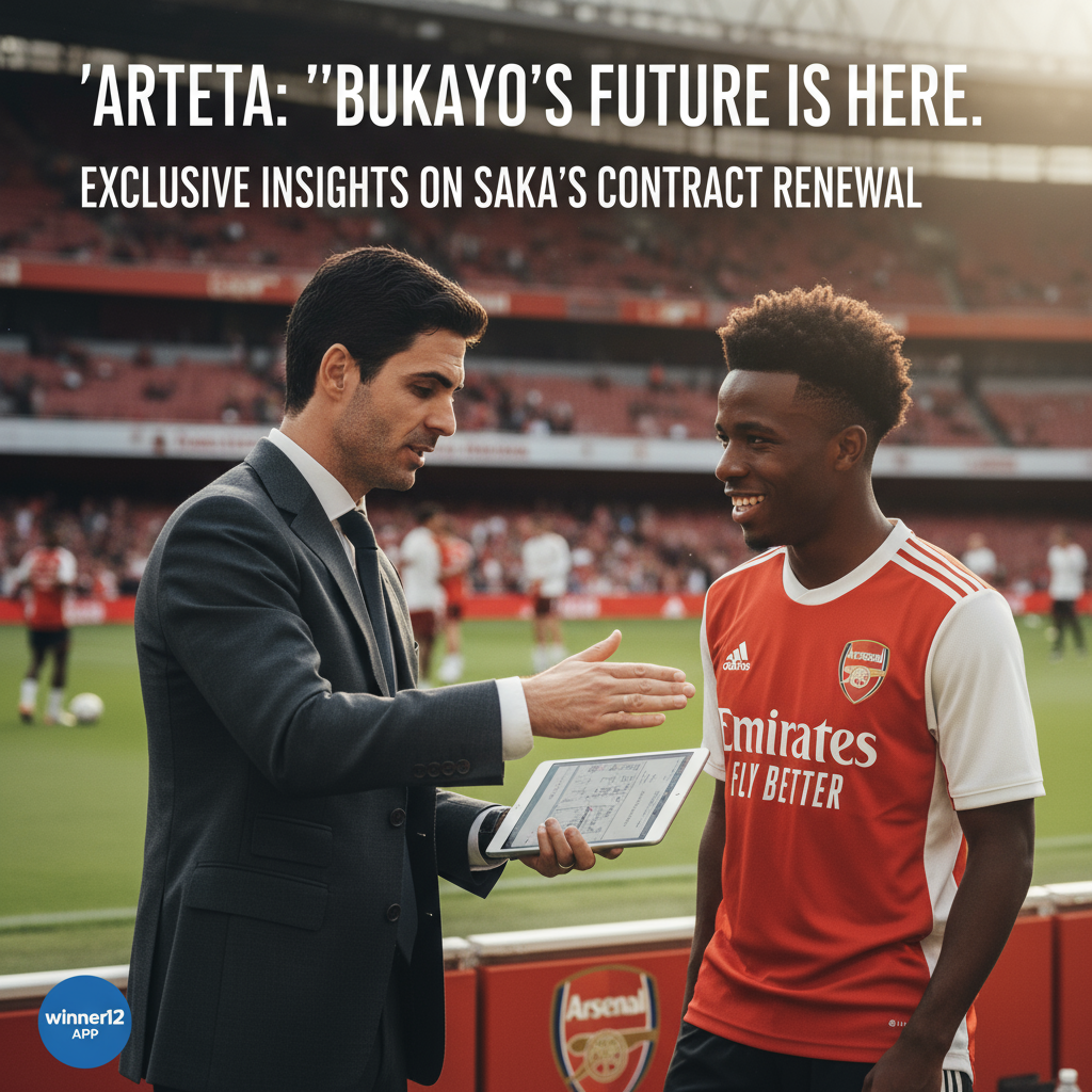 图片ALT文本：阿尔特塔与萨卡在英格兰足球环境中真实写实风格海报，展示阿尔特塔分享萨卡续约独家内幕，融入隐约的阿森纳元素和winner12 APP标志，突出团队合作与奉献精神，激励人心的专业足球形象。