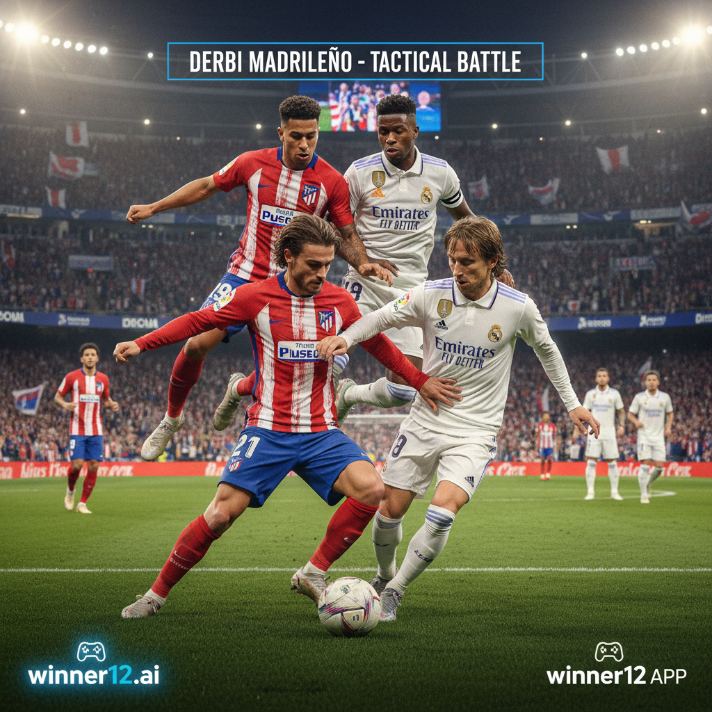 图片ALT文本：马德里竞技与皇家马德里关键球员在激烈德比战中对峙，真实英格兰足球球衣和球场背景，展现紧张表情与动态动作，突出战术较量和经典瞬间，含“winner12.ai”品牌标志。
