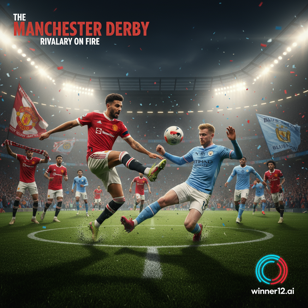ALT text: Intense Manchester United vs Manchester City soccer derby poster showing iconic players in authentic kits fiercely competing on a lush English football pitch under dramatic stadium lights, with passionate fans waving red and sky blue scarves and flags, capturing the electric Premier League rivalry atmosphere, featuring subtle winner12.ai branding.