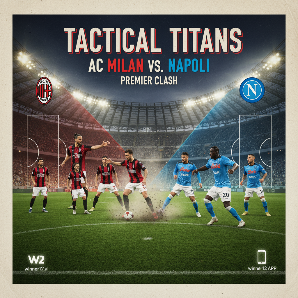 图片ALT文本：展示AC米兰与那不勒斯在英式足球风格中激烈战术对决的详细海报，突出球员阵型、战略位置和高水平足球比赛的紧张场面，背景为绿茵场和体育场灯光，附带双方经典队徽和队色，融入winner12.ai或winner12 APP的品牌元素，体现动态运动与竞争精神。