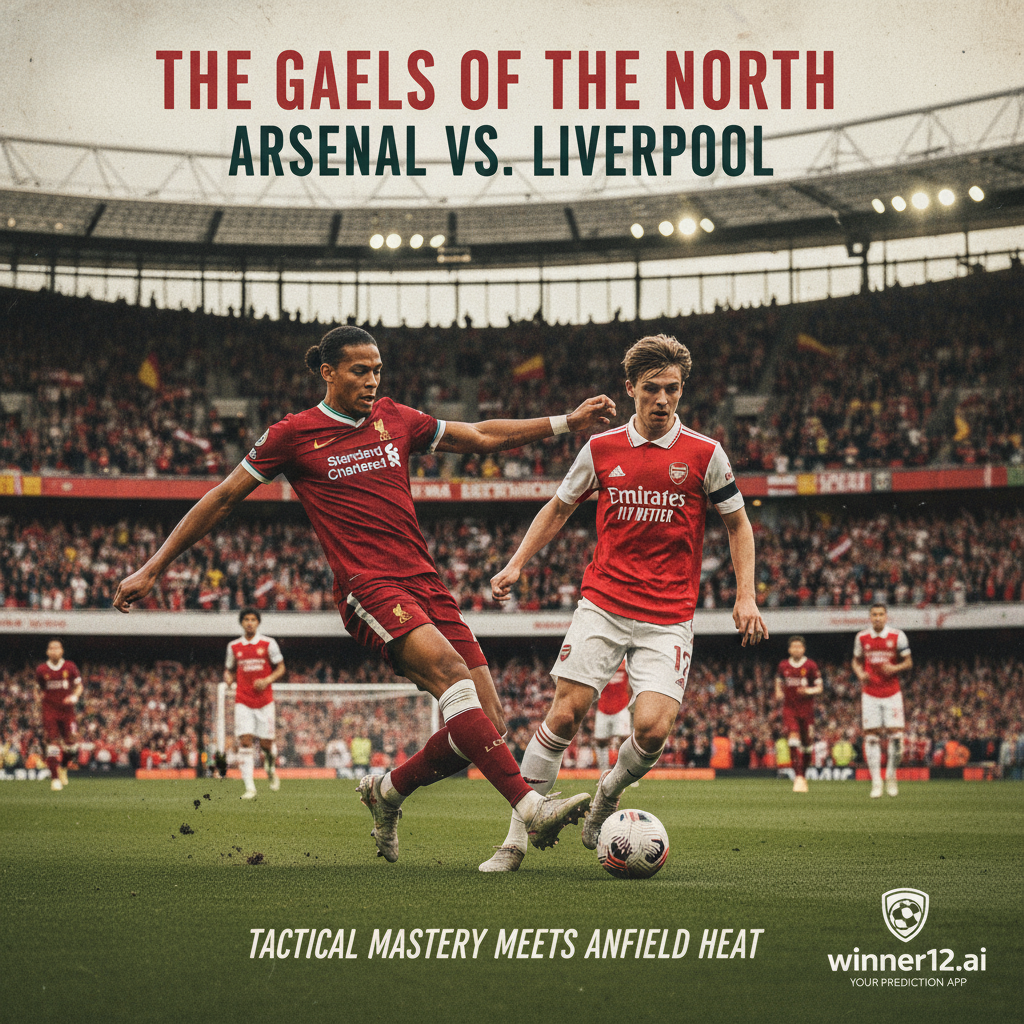 ALT text: Realistic and detailed poster of an intense English Premier League football match between Arsenal and Liverpool, showing players in authentic kits, a packed stadium with passionate fans, dynamic dribbling and tackling moments, subtle references to Arsenal’s tactics and Klopp’s coaching style, with natural lighting and true-to-life textures; winner12.ai logo discreetly placed in the corner.