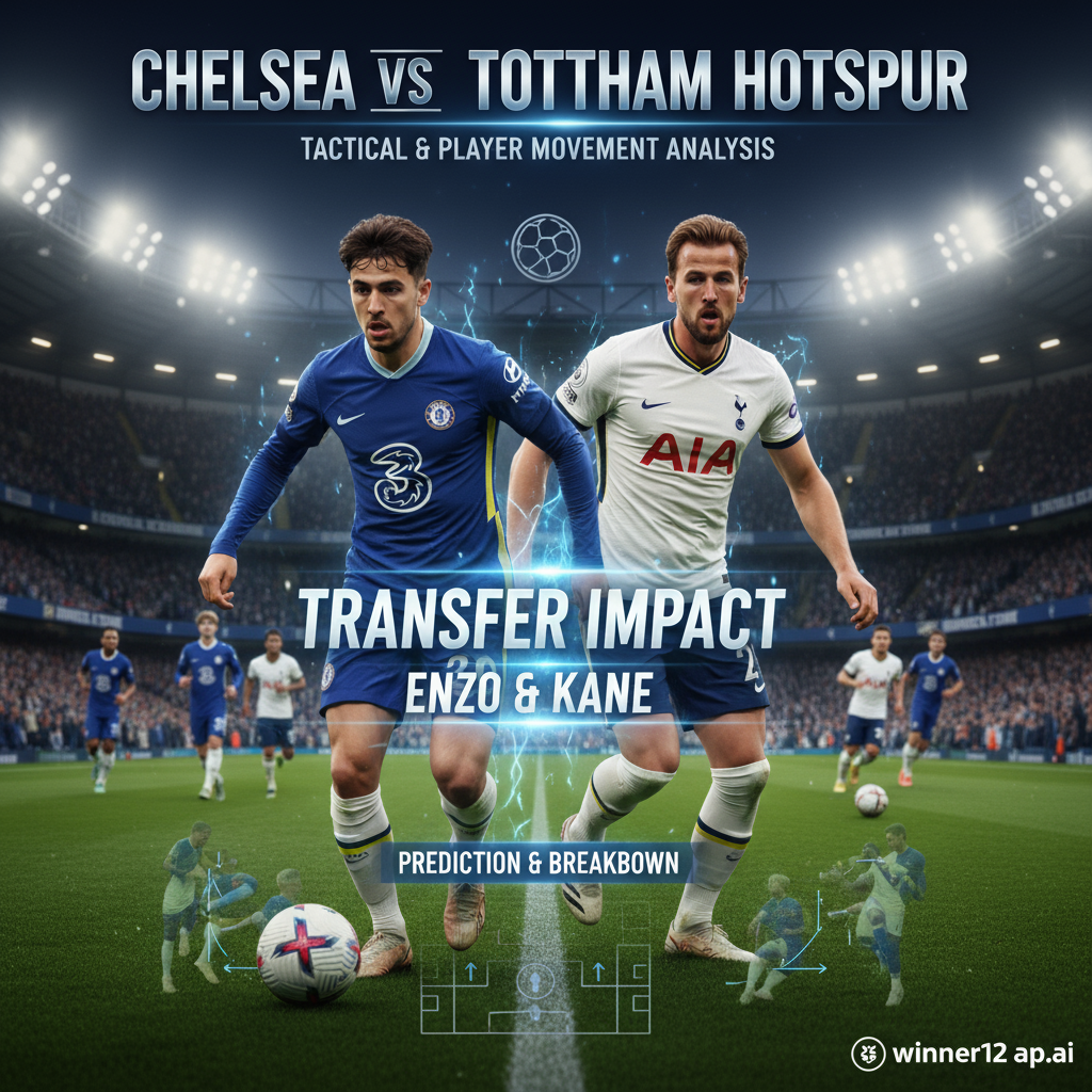 图片ALT文本：切尔西对阵热刺英格兰足球比赛分析预测海报，逼真风格，恩佐与哈里·凯恩转会影响为核心，球员身穿真实足球装备在绿茵场上激烈对抗，背景为标志性英格兰足球场氛围，观众席色彩鲜明，展现激烈竞争与转会猜测，包含winner12.ai或winner12应用程序品牌标志，突出战术及球员动作主题。