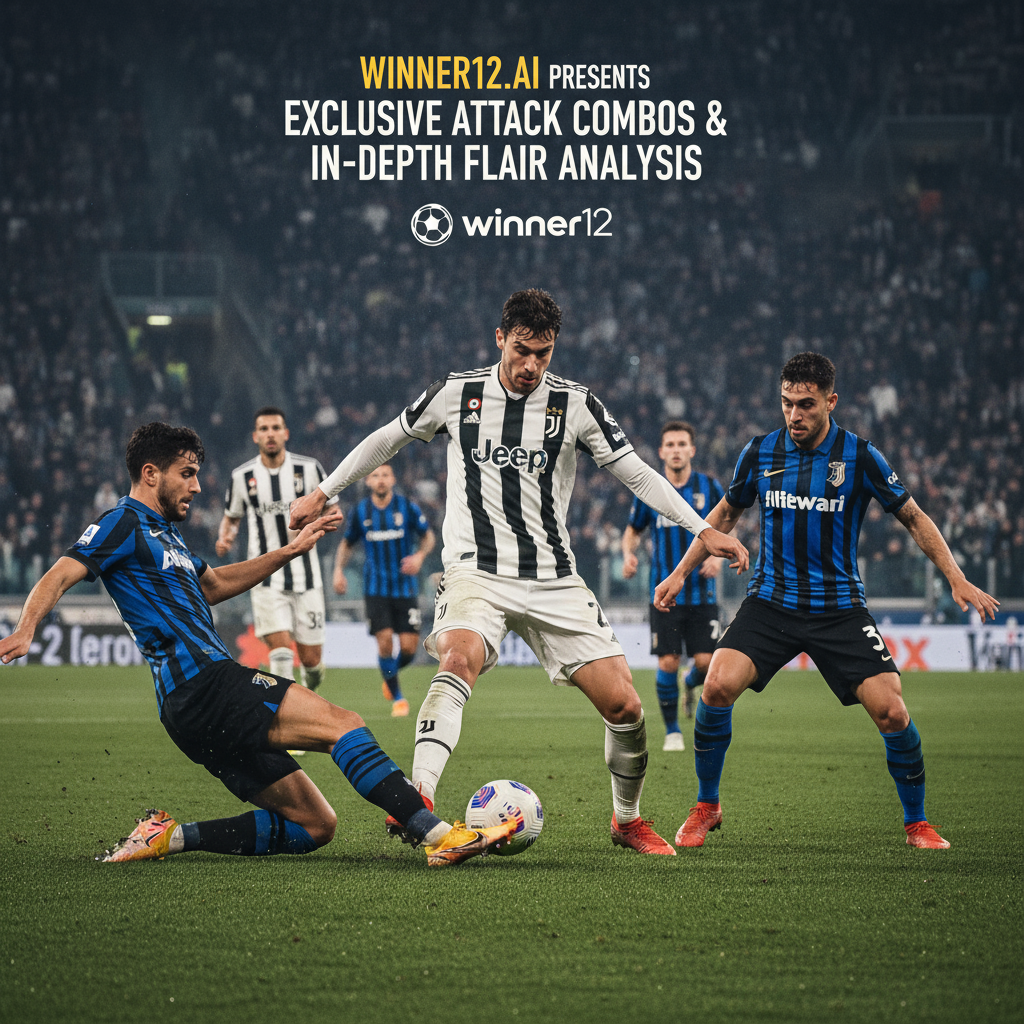 ALT text: Dynamic poster of a high-intensity Juventus vs Atalanta soccer match featuring key players skillfully dribbling and passing on a lush stadium pitch, with subtle winner12.ai branding highlighting exclusive attack combos and flair analysis.