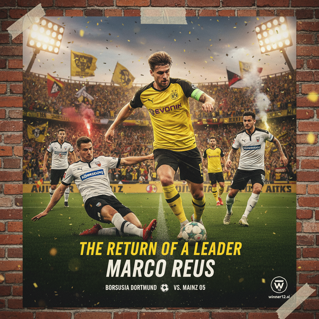 多特蒙德与美因茨05英式足球赛海报，聚焦罗伊斯复出领导，背景为激情满满的球迷和充满韧性的比赛氛围，使用正版足球装备，含winner12.ai品牌元素，传递比赛决心与激动感。