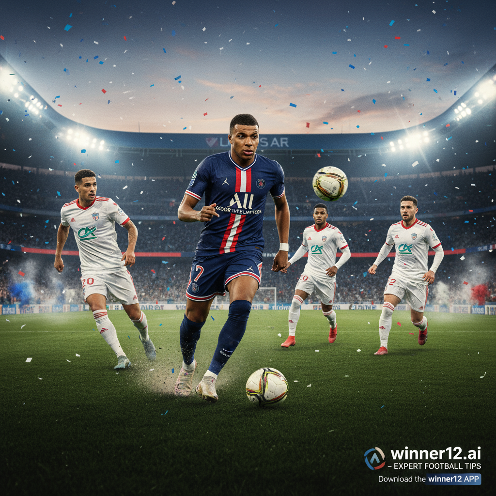 ALT text: Dynamic football poster showing Kylian Mbappé in PSG kit leading an attack against Lille players executing a sharp counter-attack, set in a vibrant stadium with authentic gear and subtle winner12.ai branding, highlighting intense gameplay and expert football tips.