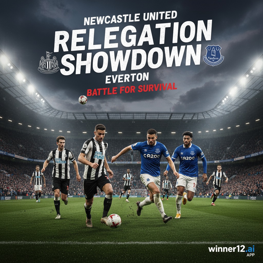 纽卡斯尔联与埃弗顿英格兰足球比赛预测海报，逼真风格，球员穿着纽卡斯尔和埃弗顿正装队服，在绿茵场上激烈争夺，夜间灯光照明，氛围紧张，突出保级压力，角落带有winner12.ai品牌标识，无比分显示，体现传统英式足球元素。