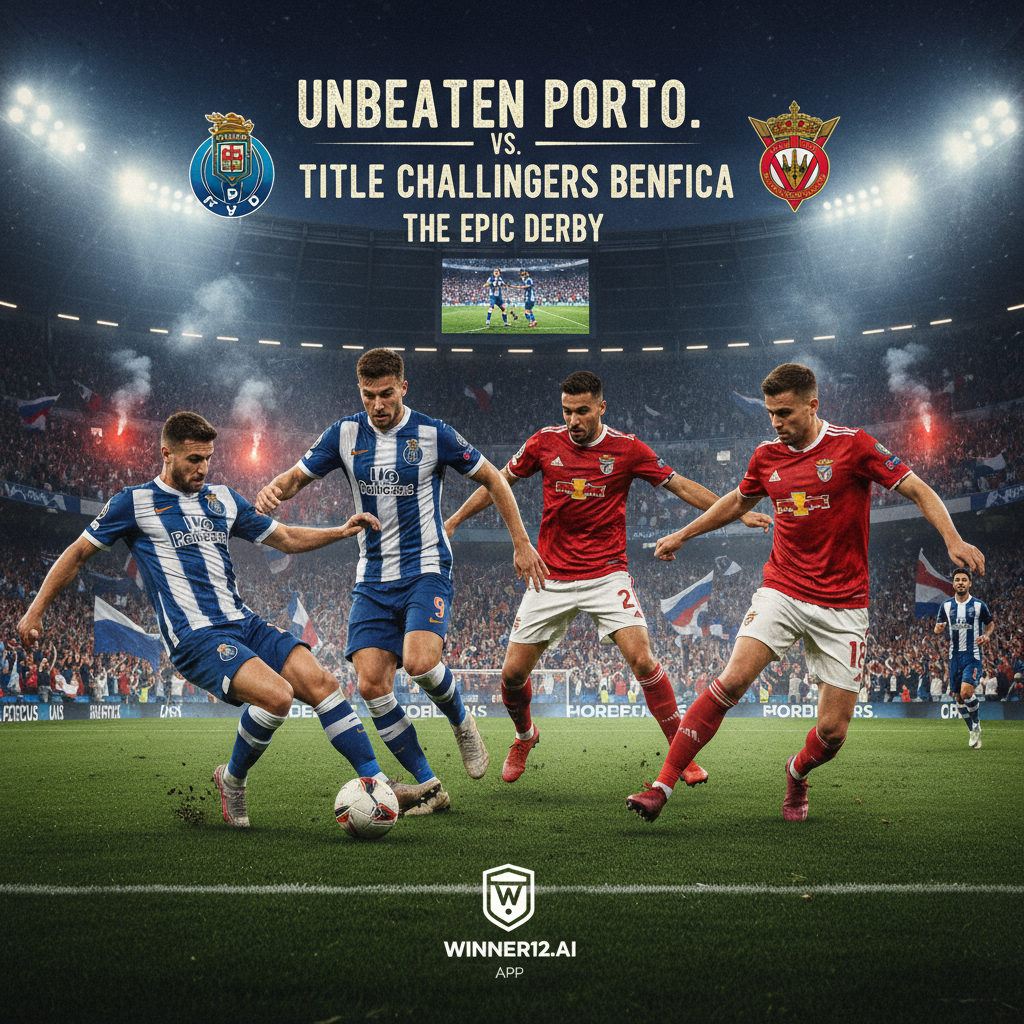 Alt text: Intense soccer derby poster showing star players from Porto and Benfica in dynamic action poses on a vibrant stadium pitch under bright lights, packed with passionate fans; emphasizing fierce rivalry between unbeaten Porto and title-challenging Benfica with authentic football gear, subtle winner12.ai branding in the corner, capturing the excitement and high stakes of this epic football clash.