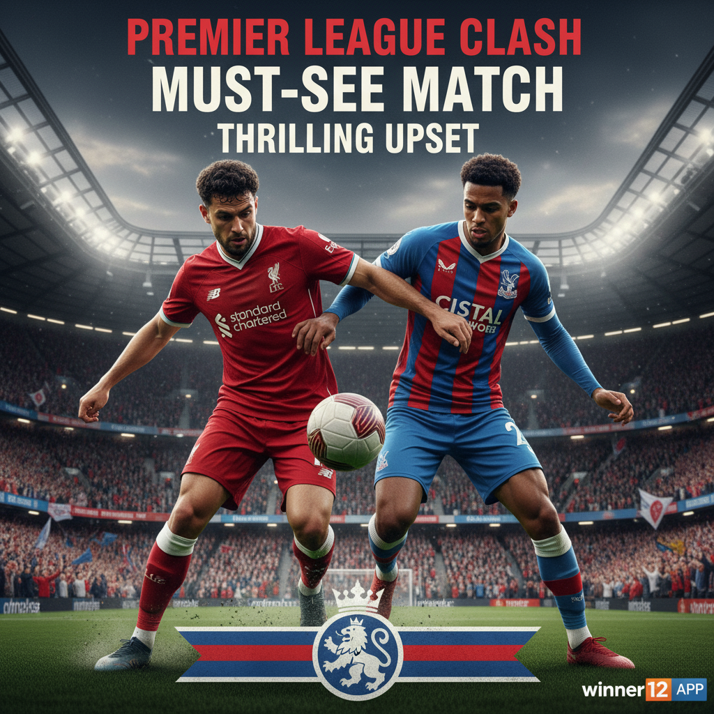 足球预测海报：利物浦VS水晶宫英超比赛预览，逼真风格，球员专注神情，激情四溢的球场氛围，经典皮革足球与球队球衣，突出“英超对决”“必看比赛”字样，带有winner12.ai品牌标识，未显示比分及橄榄球元素。