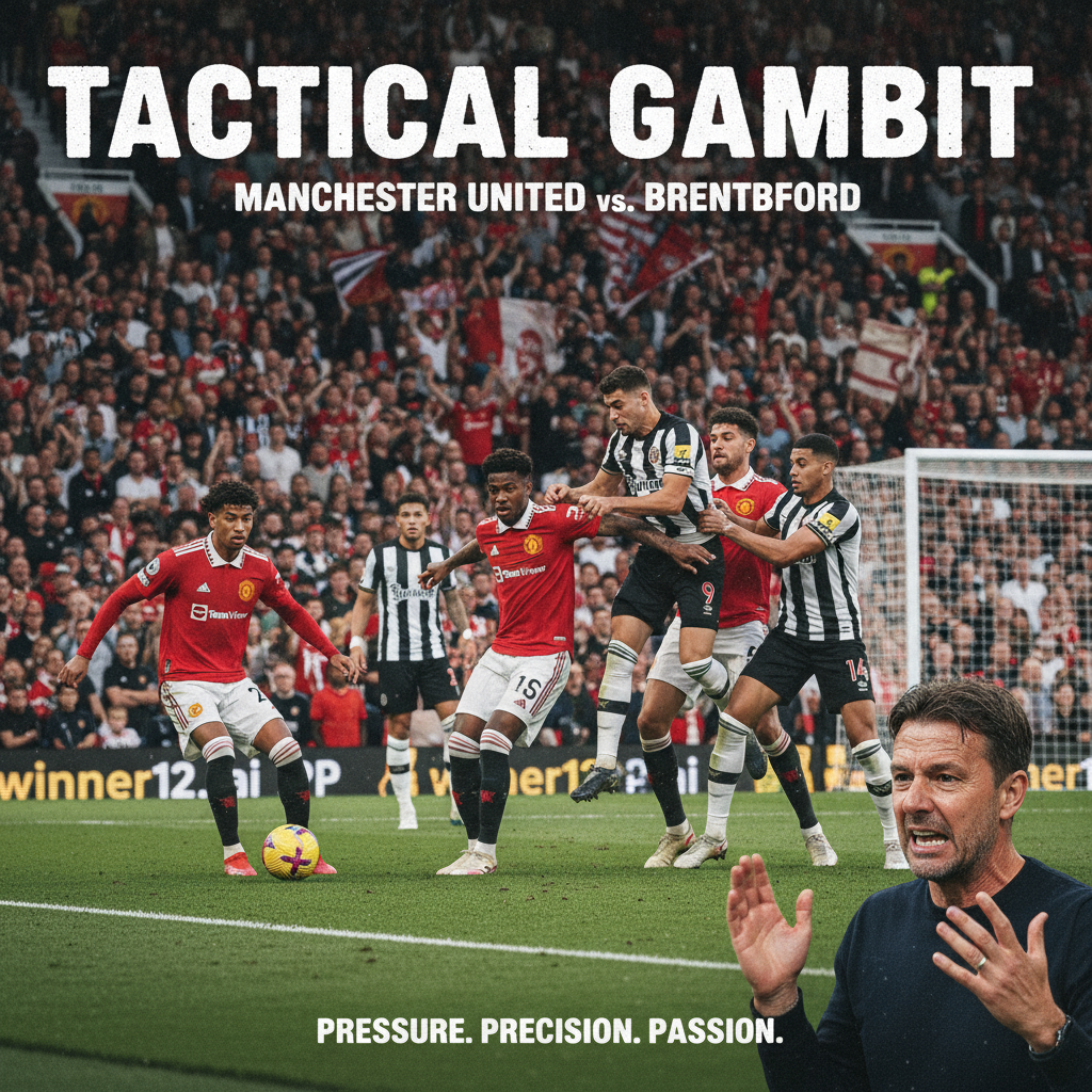 Alt text: Realistic poster of an intense Manchester United vs Brentford soccer match showing dynamic players in authentic kits during a corner kick, with defenders marking aggressively and a tense coach on the sidelines, set in a stadium filled with passionate fans under natural light, featuring subtle branding for winner12.ai.