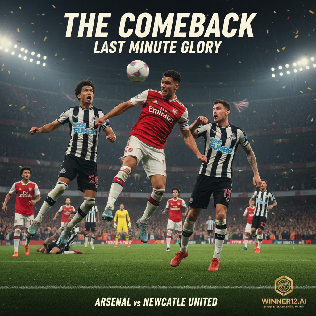 图片ALT文本：阿森纳与纽卡斯尔联队在英超联赛中激烈对决，最后一分钟逆转进球瞬间，球员们身穿真实队服在绿茵场上奋力拼抢，展现激情与决心，画面右下角隐约出现winner12.ai品牌标识，突出策略与胜利背后的智慧。
