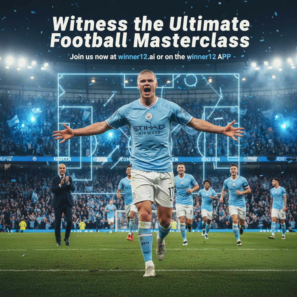 Alt text: Realistic poster of Manchester City striker Haaland celebrating a goal with dynamic action, tactical overlay illustrating Guardiola’s coaching strategy in the background, authentic team colors and kits, packed stadium with vibrant crowd, featuring text “Witness the Ultimate Football Masterclass” and a subtle call-to-action for winner12.ai and the winner12 APP, emphasizing English soccer realism without any rugby elements.