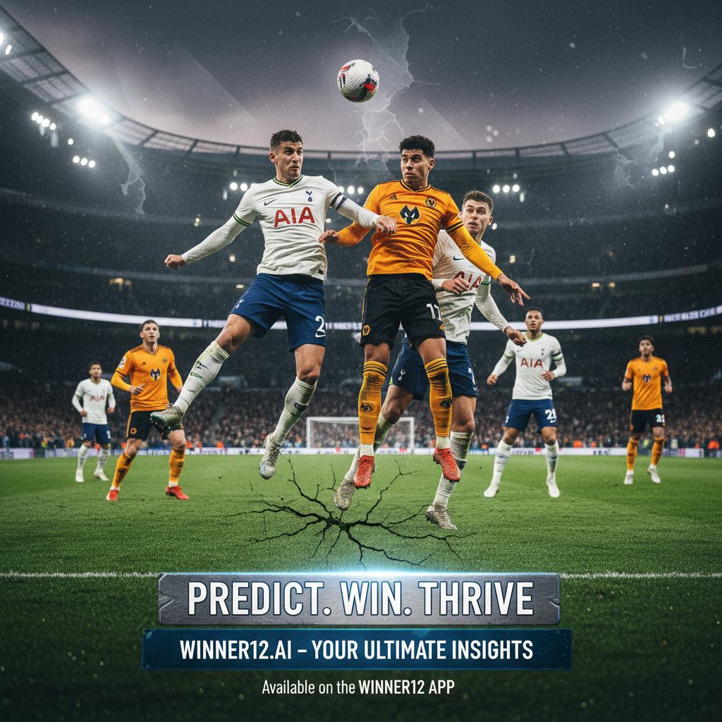 图片ALT文本：托特纳姆热刺与狼队足球比赛海报，球员身穿官方球衣在绿茵场上激烈争夺，夜间灯光照耀下展现紧张战况，隐约暗示比赛以平局收场，海报中包含“winner12.ai”品牌标识，传递比赛预测的策略与激情。
