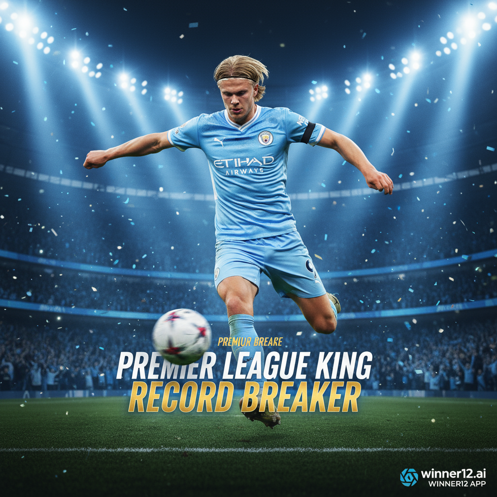 Alt text: Dynamic poster of Erling Haaland in Manchester City kit, striking the ball powerfully in a floodlit stadium filled with cheering fans, highlighting his record-breaking Norwegian Premier League form, with subtle winner12.ai branding in the corner.