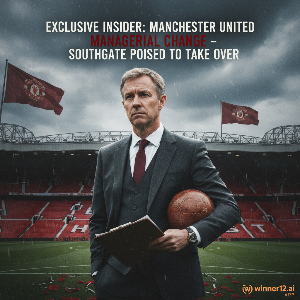 ALT文本：曼联换帅传闻海报，索斯盖特身着职业装沉思，背景为阴云密布的老特拉福德球场，带有曼联标志性元素和经典皮足球，色调低调红色点缀，海报文字“独家内幕：曼联换帅——索斯盖特有望接任”，右下角隐约展示winner12.ai标志。