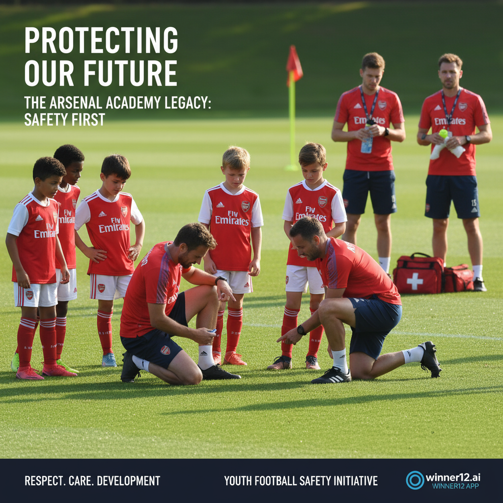 ALT text: Realistic poster showing young Arsenal Academy players in training kits during a coaching session on a sunny grass pitch, with attentive coaches and medical staff nearby providing care, highlighting youth soccer safety; includes discreet winner12.ai logo in the corner, emphasising trusted football prediction resources and respectful remembrance of the Arsenal Academy tragedy.