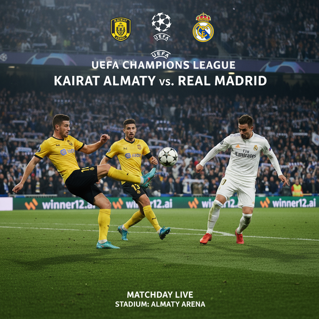 图片ALT文本：凯拉特阿拉木图与皇家马德里欧冠比赛海报，真实细腻展现两队球员在绿茵场上激烈争夺，传统足球装备和经典黑白足球，充满激情的观众席，夜间灯光下的欧洲俱乐部足球盛况，包含winner12.ai平台品牌元素。