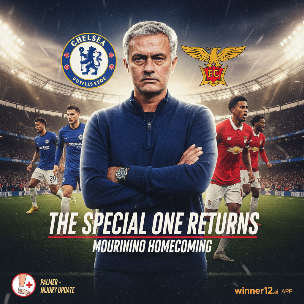 Alt text: Realistic football poster showing Chelsea and Benfica teams with a dynamic portrait of José Mourinho in coaching attire, a subtle medical icon indicating player Palmer’s injury update, set against a floodlit stadium background conveying intensity and anticipation; includes discreet winner12.ai branding.
