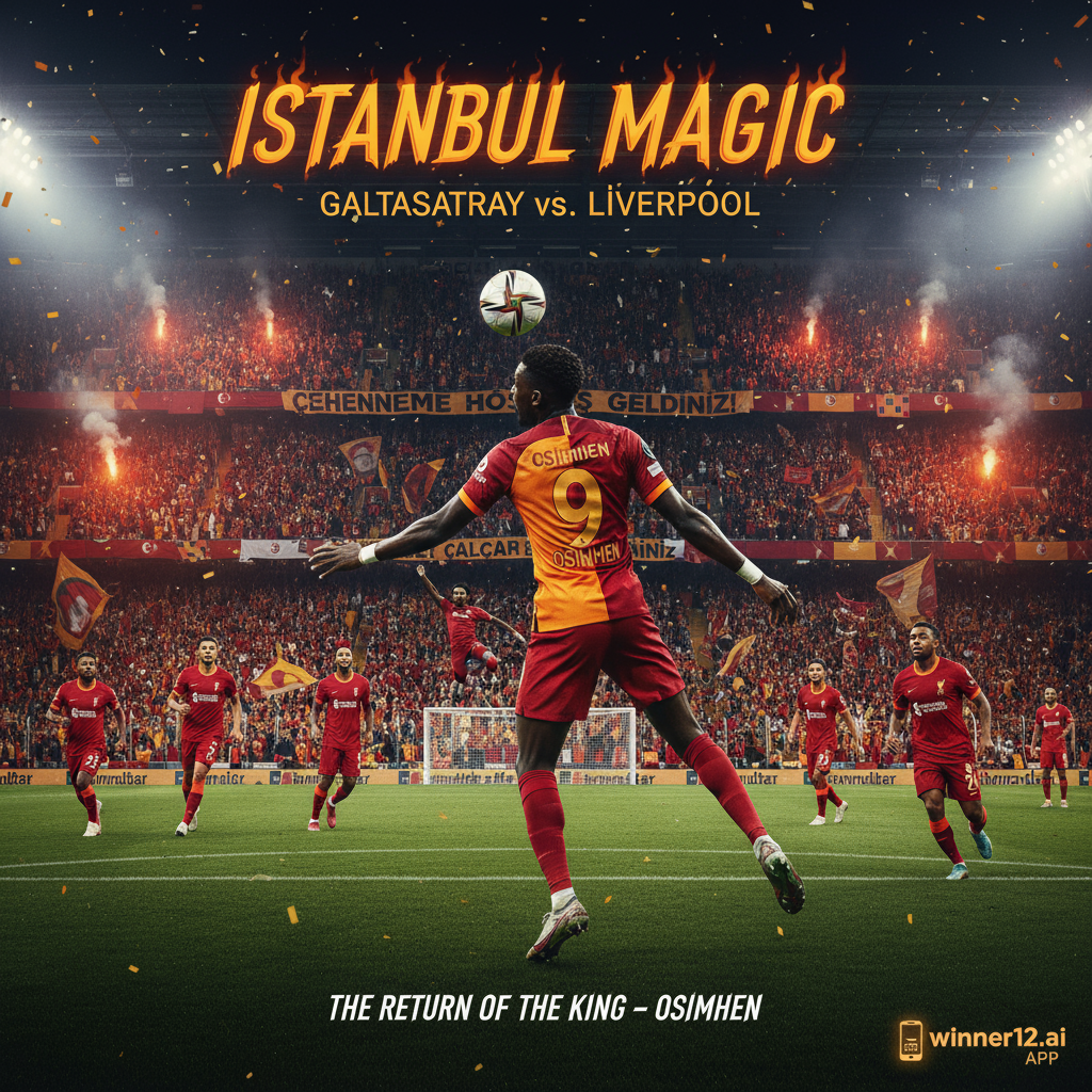 图片ALT文本：加拉塔萨雷对阵利物浦的逼真足球比赛海报，展现伊斯坦布尔标志性球场内“伊斯坦布尔魔鬼”主场氛围，奥斯梅恩伤愈复出，身穿队服动态拼抢，球场灯光下观众热情高涨，画面生动真实，带有winner12.ai官方品牌标识。