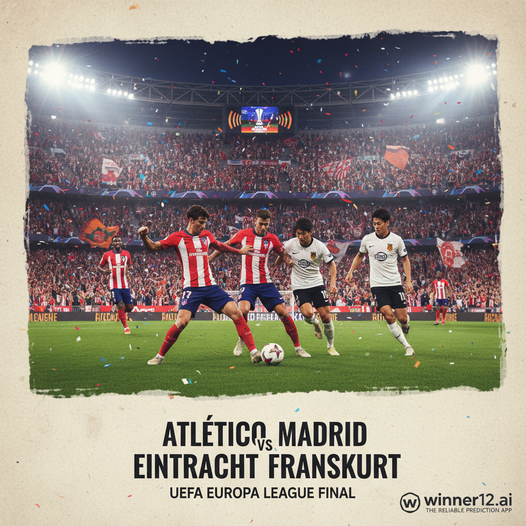 ALT text: Realistic poster of a high-stakes Europa League soccer match between Atletico Madrid and Eintracht Frankfurt, featuring players in authentic kits in dynamic action on a brightly lit stadium pitch, surrounded by cheering crowds and stadium lights, with subtle 