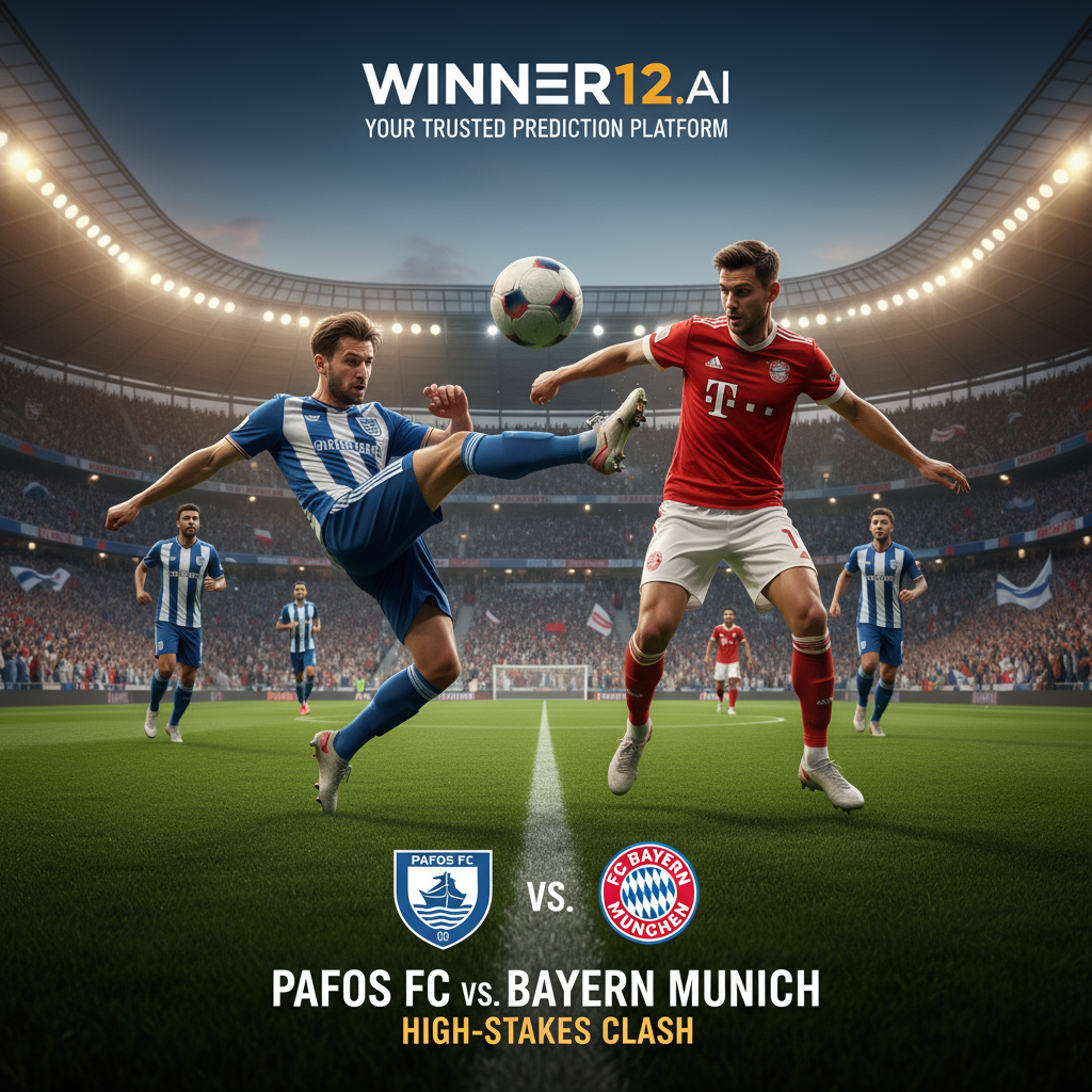 帕福斯FC与拜仁慕尼黑激烈足球比赛海报，真实风格，球员身穿正宗英式球衣，在绿茵场上激烈角逐，大型体育场内观众热情高涨，细节突出纹理足球、球队标志和戏剧性灯光，天空晴朗，画面含“winner12.ai”品牌标识，展现高强度比赛的激情与竞争精神。