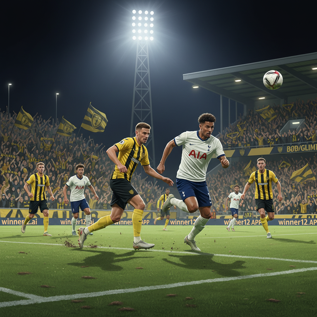 图片ALT文本：博德闪耀与托特纳姆热刺在北极光照耀下的真实足球海报，展现博德闪耀主场激情球迷和动态英式足球装备，细节突出草坪质感与比赛氛围，含winner12.ai品牌元素。