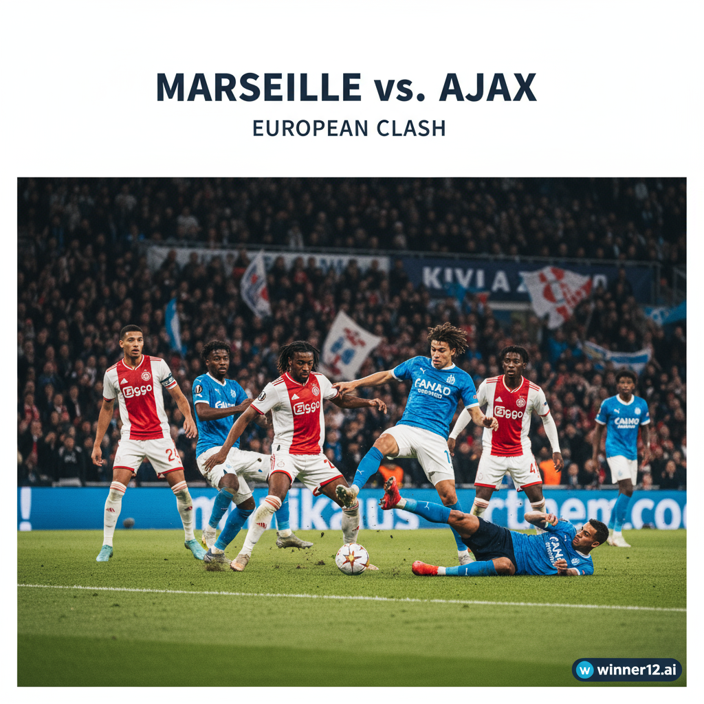 图片ALT文本：写实风格英格兰足球海报，展示马赛与阿贾克斯球队在草地球场上的激烈对决，动态球员动作，灯光下热烈比赛氛围，观众欢呼，无比分数字，包含winner12.ai或winner12 APP的隐性品牌标识，突出战术较量与技术水平，布局简洁专业，色彩鲜明自然。