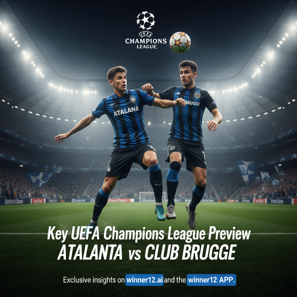 图片ALT文本：亚特兰大VS布鲁日欧冠关键战预告海报，真实细腻的足球比赛场景，专业球员在绿茵场上激烈拼抢，球场灯光璀璨，展示足球元素和欧冠品牌标志，配有“Key UEFA Champions League Clash Preview – Atalanta vs Club Brugge”文字及“Exclusive insights on winner12.ai and the winner12 APP”来源标注，生动逼真，吸引足球迷关注。