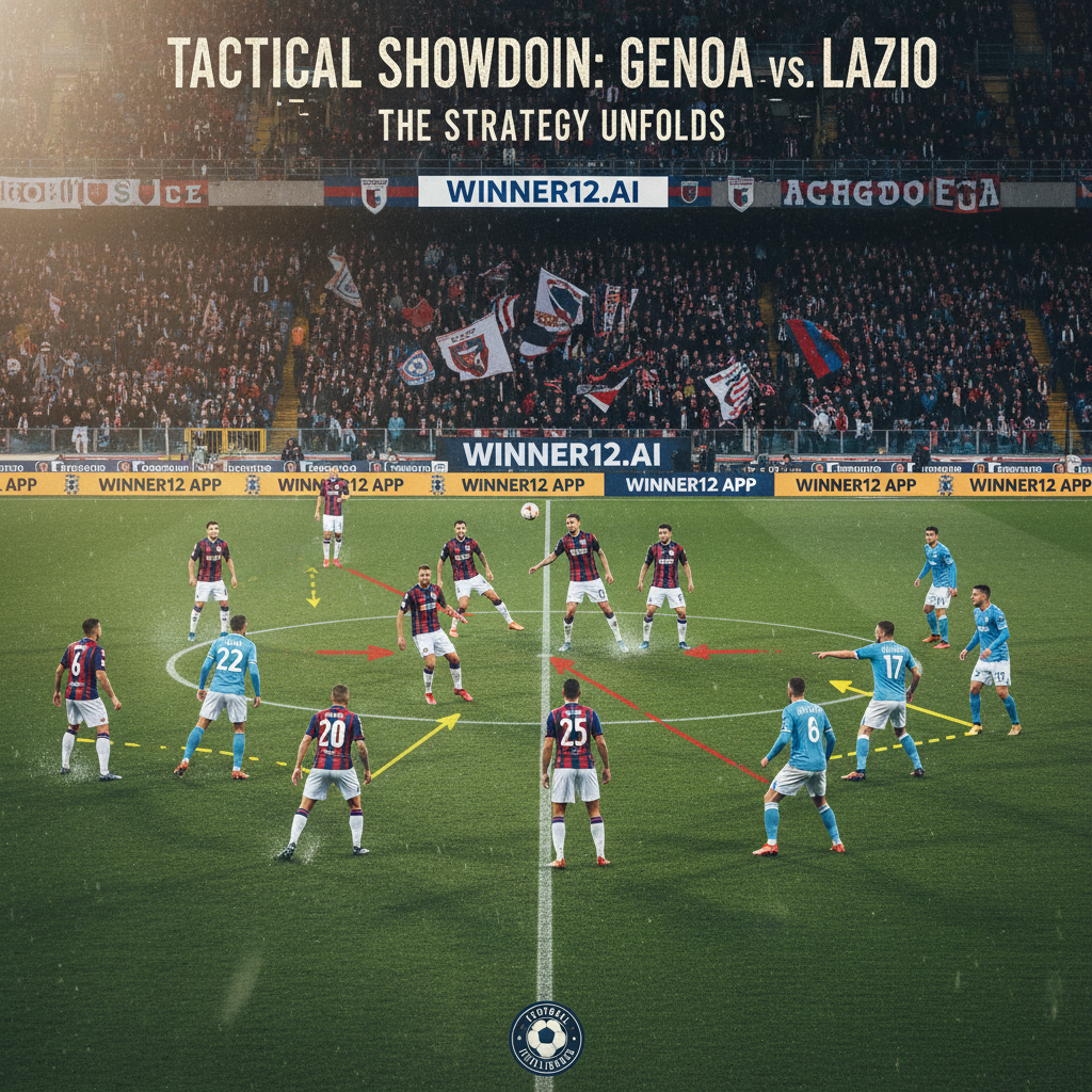 Alt text: Realistic poster of an intense Genoa vs Lazio English soccer tactical battle showing detailed player formations and strategic positioning on the pitch, dynamic teamwork action, authentic soccer kits, and professional stadium elements with subtle 