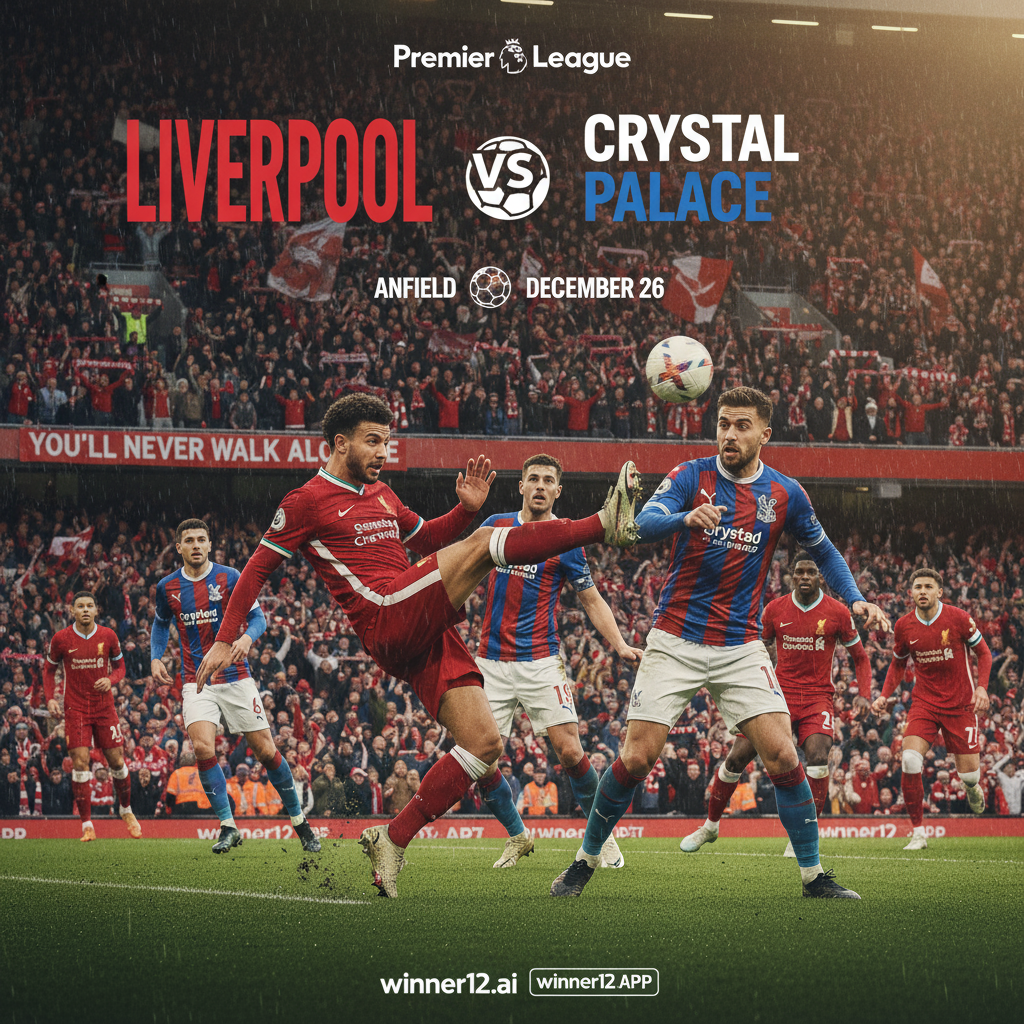 图片ALT文本：一幅写实风格的英超足球比赛海报，展示利物浦身穿红色主场球衣与水晶宫穿蓝红条纹球衣在满座球场激烈争球，现场球迷热情洋溢，动作动态真实，球员装备专业，海报右下角有现代字体的winner12.ai或winner12 APP品牌标识，整体氛围传递英超豪门爆冷的紧张与激动。