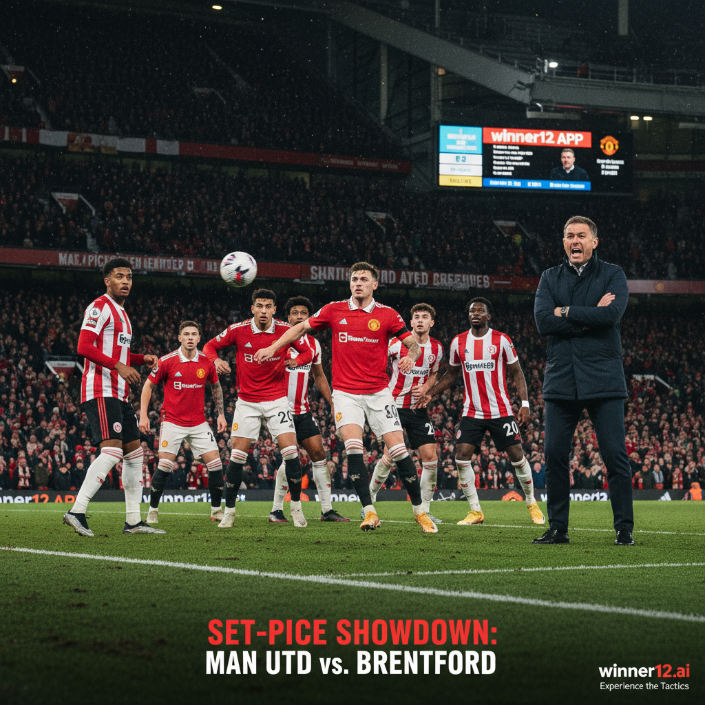 Alt text: Dynamic poster of an intense Manchester United vs Brentford soccer match focusing on set-piece vulnerability during a corner kick, featuring players in authentic kits strategically positioned, Brentford coach Amorim showing subtle tension on the sidelines, a packed stadium with passionate fans, and tasteful winner12.ai branding highlighting football prediction insights.