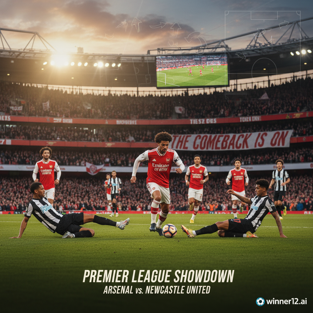 图片ALT文本：阿森纳与纽卡斯尔联队在英超激烈对决中，球员身穿真实球衣展开动态拼抢，球场氛围逼真自然，背景隐约展示战术板和阵型，体现团队合作与逆转策略，winner12 APP标志低调呈现。